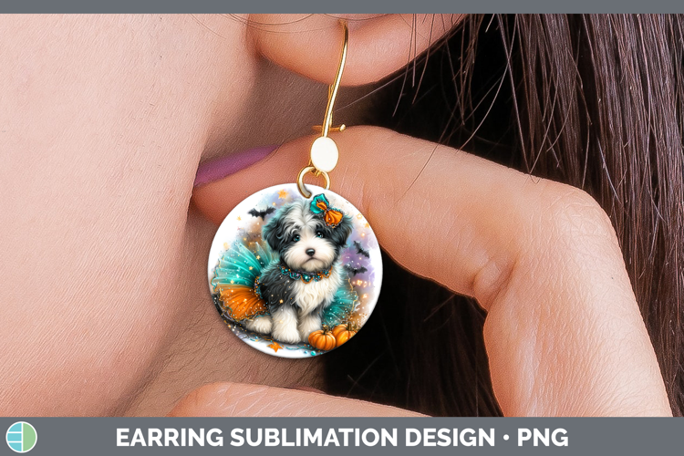 Dogs 01 Halloween Old English Sheepdog Round Earrings Sublim