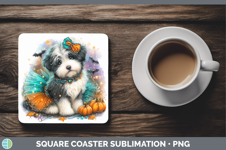 Dogs 01 Halloween Old English Sheepdog Square Coaster Sublim