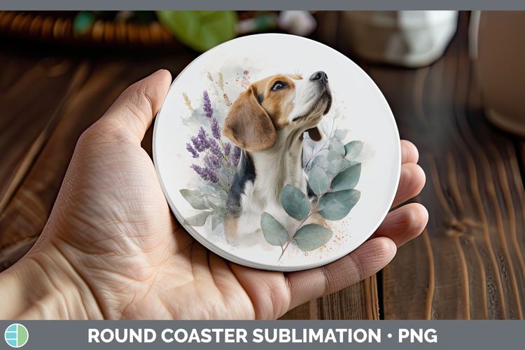 Beagle Dogs 01 Lavender and Eucalyptus Round Coaster Sublima