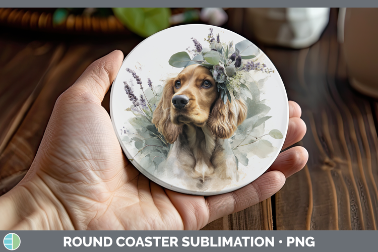 Cocker Spaniel Dogs 01 Lavender and Eucalyptus Round Coaster