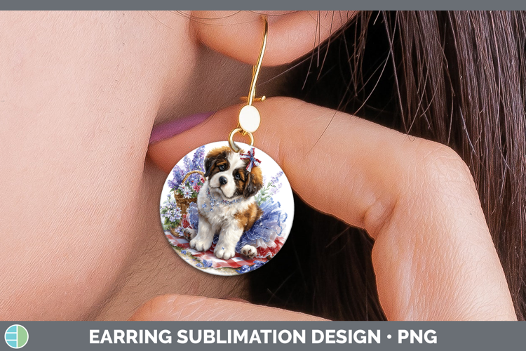 Dogs 01 Patriotic Saint Bernard Round Earrings Sublimation E