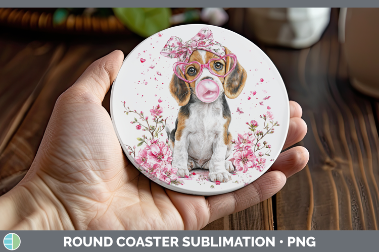 Beagle Dogs 01 Pink Bubble Gum Round Coaster Sublimation Des