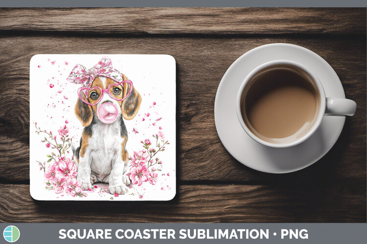 GorgeousDogs 01 Pink Bubble Gum Square Coaster design.