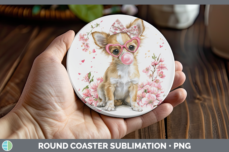 Chihuahua Dogs 01 Pink Bubble Gum Round Coaster Sublimation