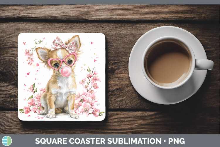 GorgeousDogs 01 Pink Bubble Gum Square Coaster design.