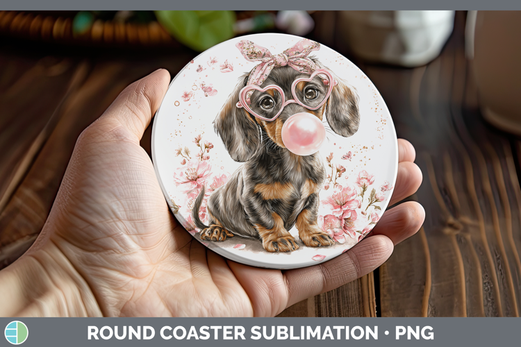 Dachshund Dogs 01 Pink Bubble Gum Round Coaster Sublimation
