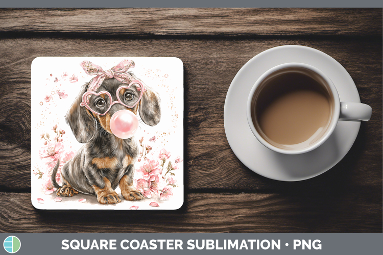 Dachshund Dogs 01 Pink Bubble Gum Square Coaster Sublimation