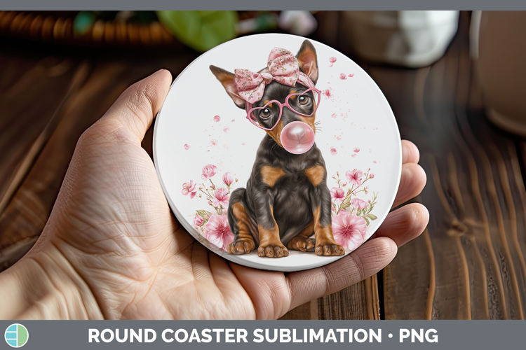 Doberman Pinscher Dogs 01 Pink Bubble Gum Round Coaster Subl