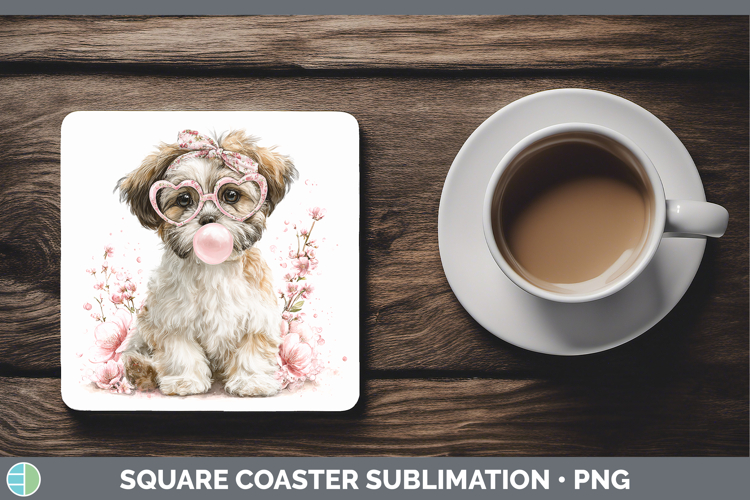 Lhasa Apso Dogs 01 Pink Bubble Gum Square Coaster Sublimatio