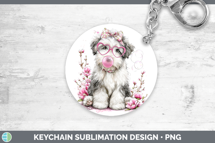 Old English Sheepdog Dogs 01 Pink Bubble Gum Keychain Sublim