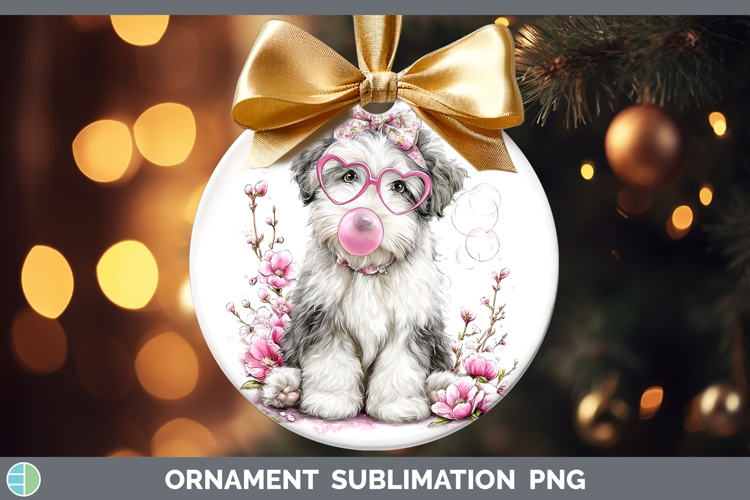 Old English Sheepdog Dogs 01 Pink Bubble Gum Ornament Sublim