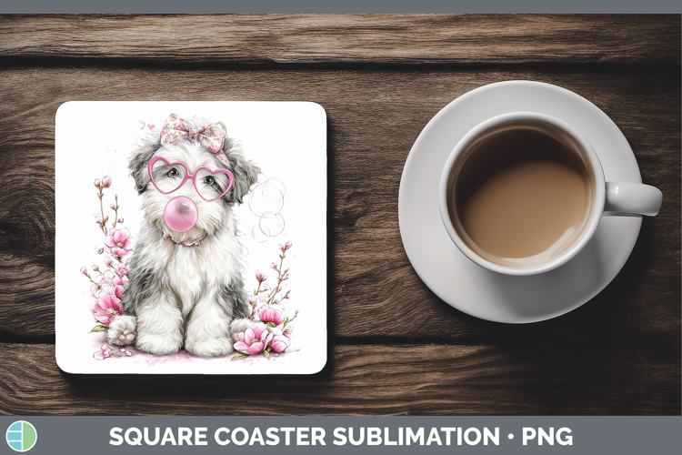 Old English Sheepdog Dogs 01 Pink Bubble Gum Square Coaster