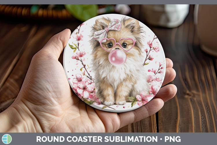 Pomeranian Dogs 01 Pink Bubble Gum Round Coaster Sublimation