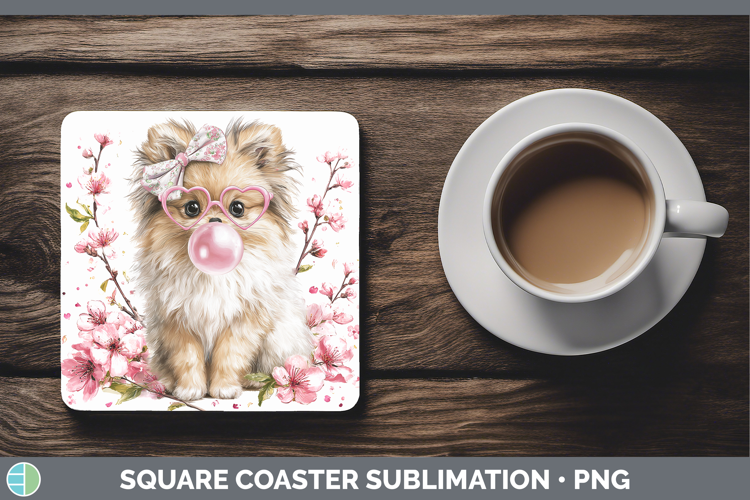 Pomeranian Dogs 01 Pink Bubble Gum Square Coaster Sublimatio