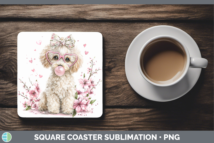 Poodle Dogs 01 Pink Bubble Gum Square Coaster Sublimation De