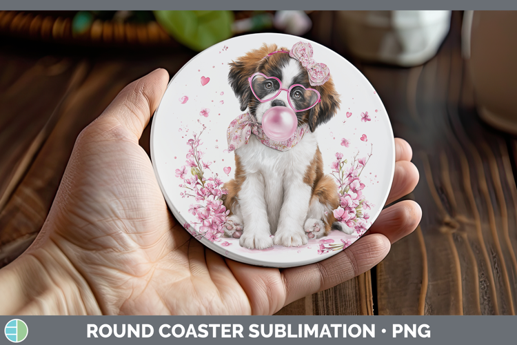 Saint Bernard Dogs 01 Pink Bubble Gum Round Coaster Sublimat