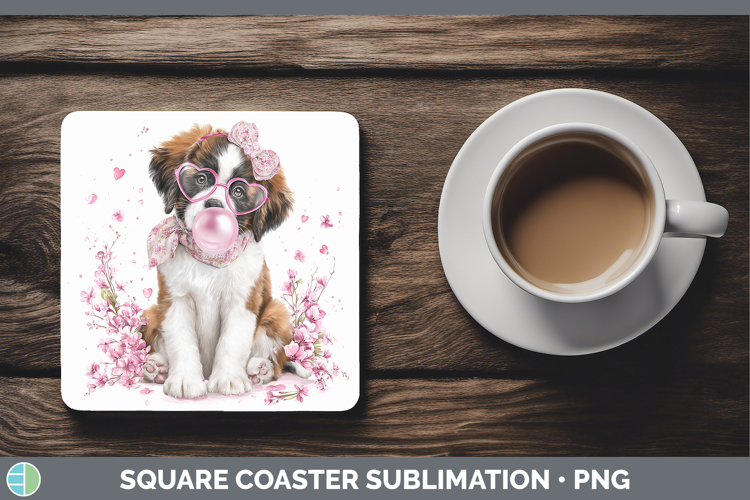 Saint Bernard Dogs 01 Pink Bubble Gum Square Coaster Sublima
