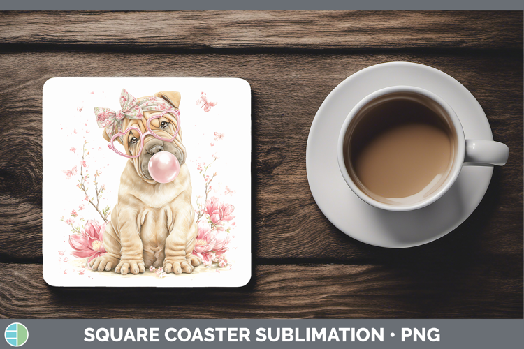 Shar Pei Dogs 01 Pink Bubble Gum Square Coaster Sublimation