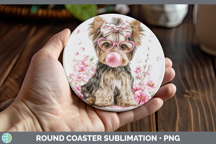 Yorkshire Terrier Dogs 01 Pink Bubble Gum Round Coaster Subl