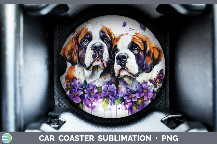 Dogs 01 Purple Drips Saint Bernard Car Coaster Sublimation