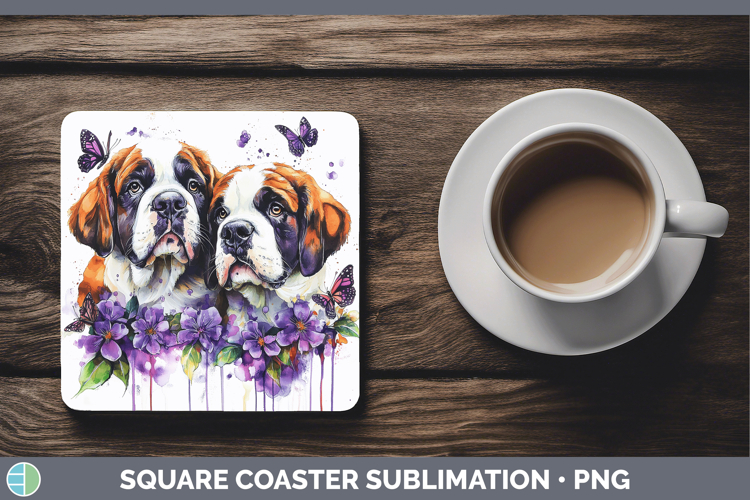 Dogs 01 Purple Drips Saint Bernard Square Coaster Sublimatio