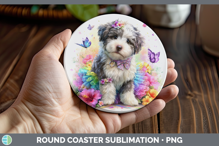 Dogs 01 Rainbow Summer Old English Sheepdog Round Coaster Su