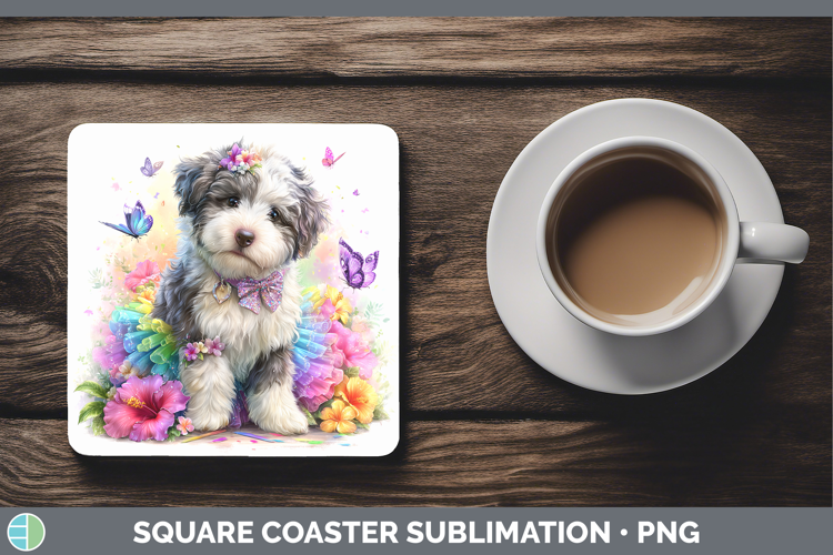 Dogs 01 Rainbow Summer Old English Sheepdog Square Coaster S