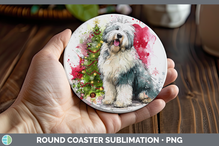 Old English Sheepdog Round Coaster Dogs 01 Splash Christmas