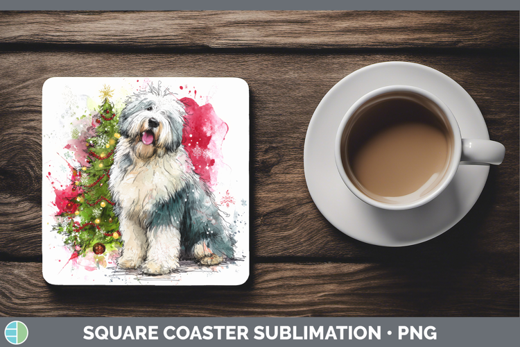 Old English Sheepdog Square Coaster Dogs 01 Splash Christmas