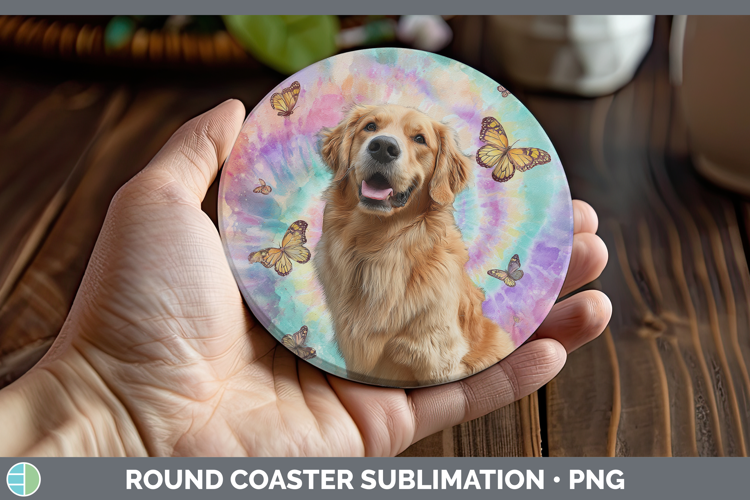 Golden Retriever Dogs 01 Tie Dye Round Coaster Sublimation D