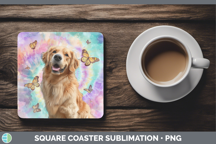 Golden Retriever Dogs 01 Tie Dye Square Coaster Sublimation