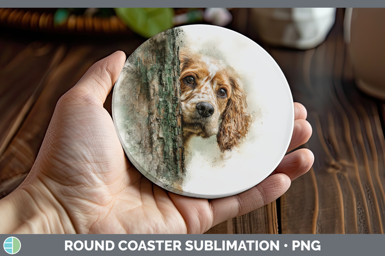 Cocker Spaniel Dogs 01 Tree Peek Round Coaster Sublimation D
