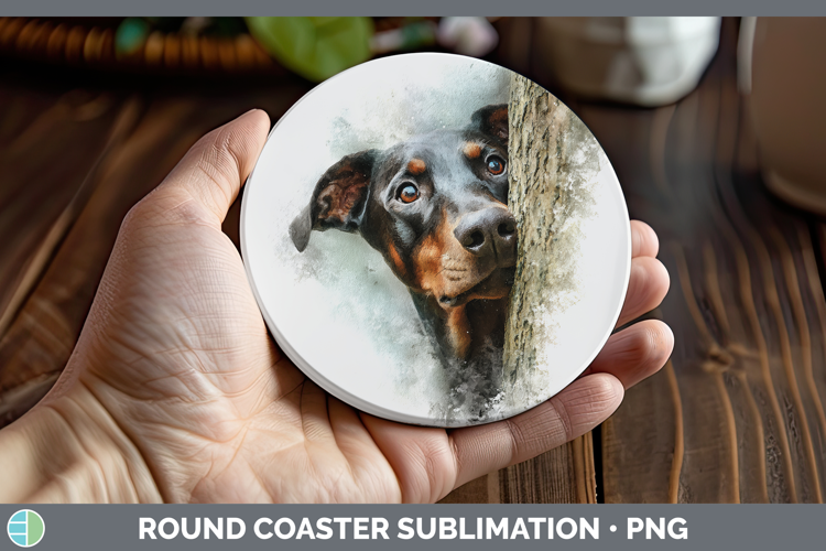 Doberman Pinscher Dogs 01 Tree Peek Round Coaster Sublimatio