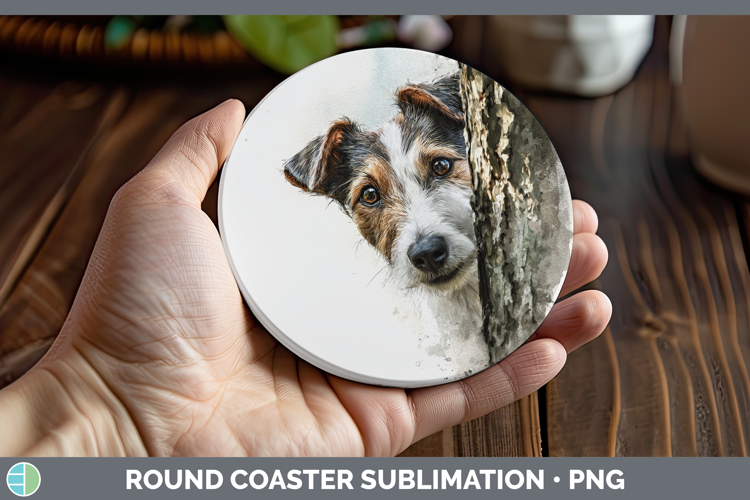 Fox Terrier Dogs 01 Tree Peek Round Coaster Sublimation Desi