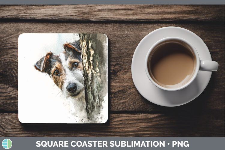 Fox Terrier Dogs 01 Tree Peek Square Coaster Sublimation Des
