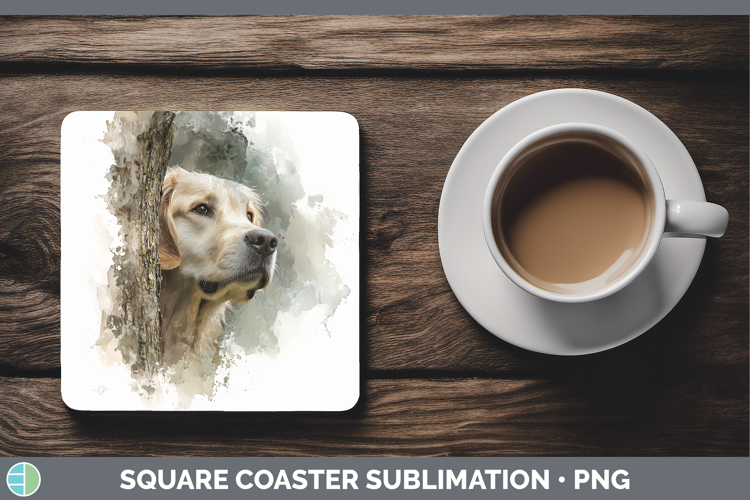 Golden Retriever Dogs 01 Tree Peek Square Coaster Sublimatio