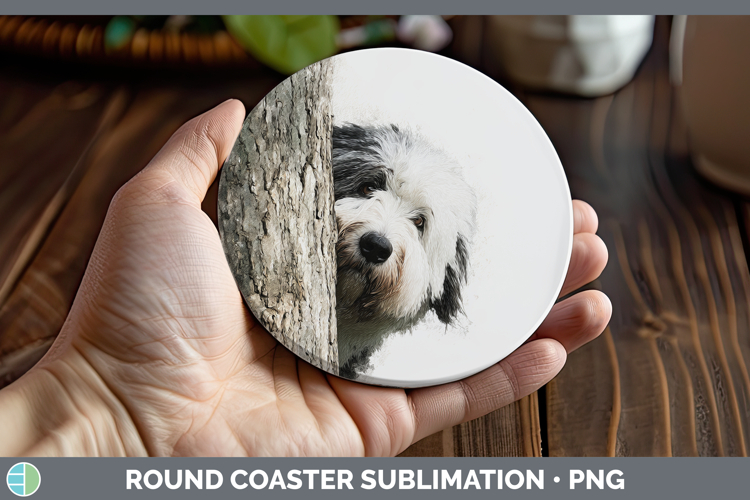 Old English Sheepdog Dogs 01 Tree Peek Round Coaster Sublima