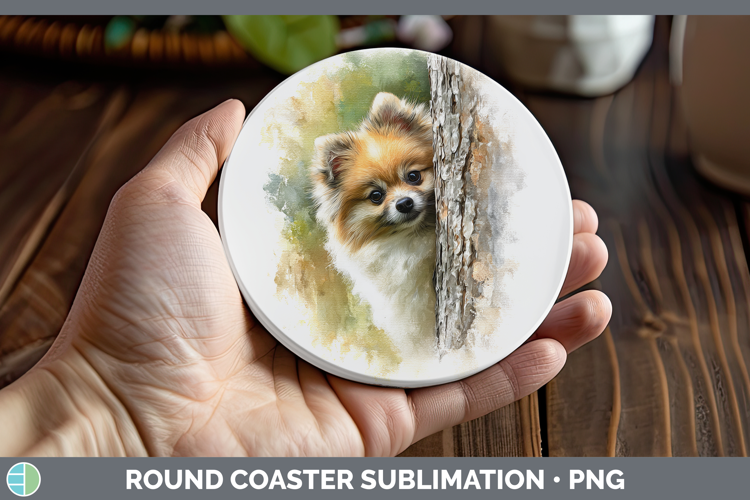 Pomeranian Dogs 01 Tree Peek Round Coaster Sublimation Desig
