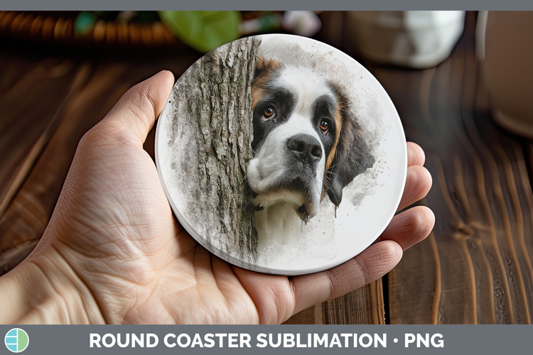 Saint Bernard Dogs 01 Tree Peek Round Coaster Sublimation De