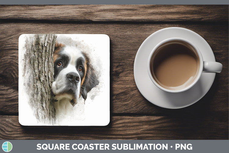 Saint Bernard Dogs 01 Tree Peek Square Coaster Sublimation D