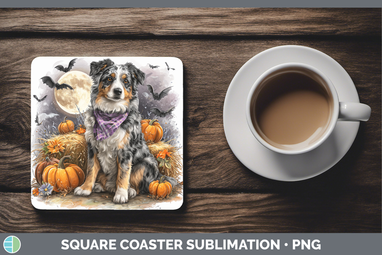Dogs 02 Bandana Halloween Australian Shepherd Square Coaster
