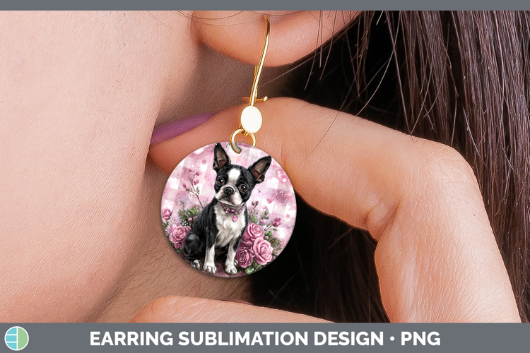 Boston Terrier Dogs 02 Checker Valentine Round Earrings Subl