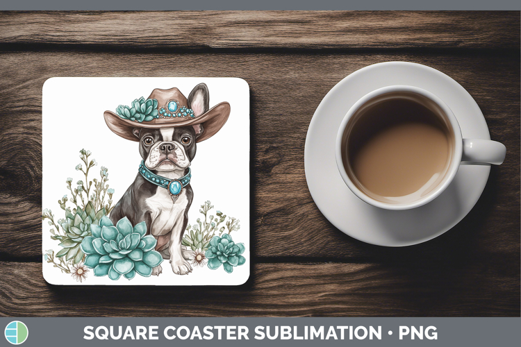 Dogs 02 Country Western Boston Terrier Square Coaster Sublim