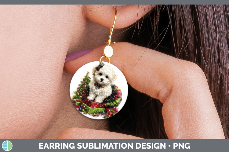Bichon Frise Dogs 02 Cute Christmas Round Earrings Sublimati