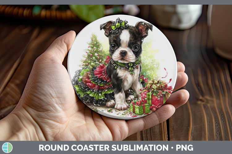 Boston Terrier Dogs 02 Cute Christmas Round Coaster Sublimat