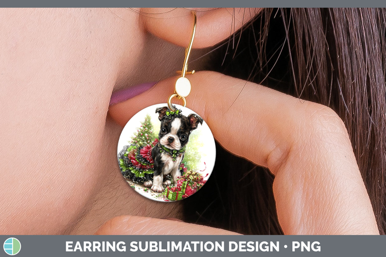 Boston Terrier Dogs 02 Cute Christmas Round Earrings Sublima