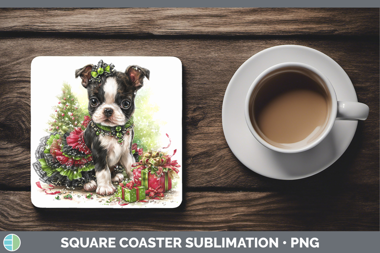 Boston Terrier Dogs 02 Cute Christmas Square Coaster Sublima