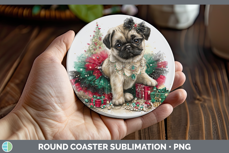 Pug Dogs 02 Cute Christmas Round Coaster Sublimation Design