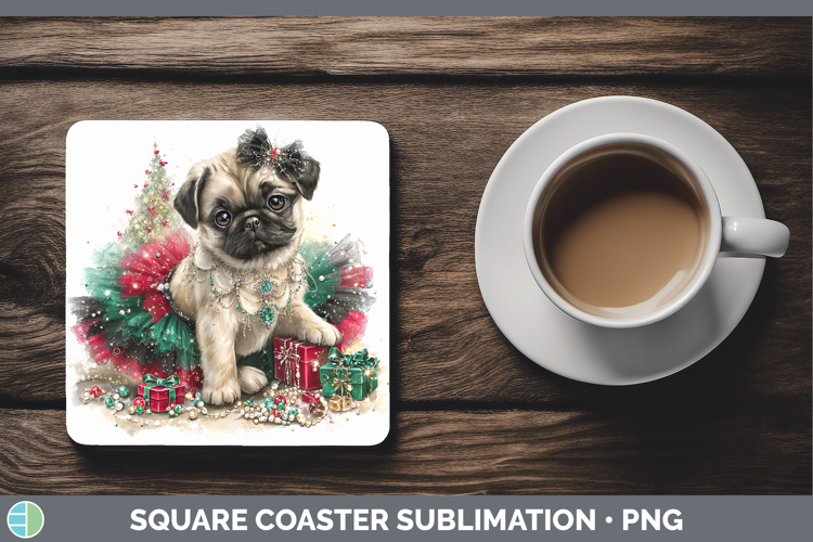 Pug Dogs 02 Cute Christmas Square Coaster Sublimation Design