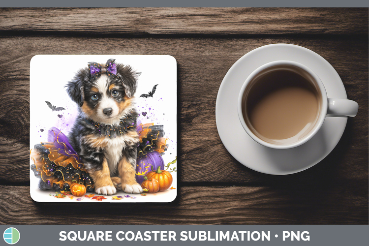 Dogs 02 Halloween Australian Shepherd Square Coaster Sublima